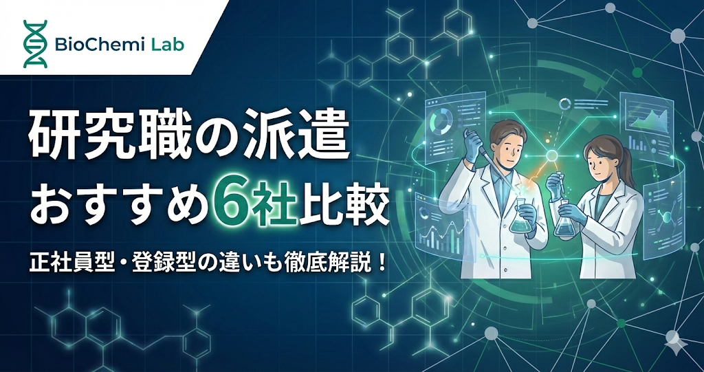 研究職におすすめの派遣会社6社比較記事のアイキャッチ。正社員型と登録型の違いも解説。