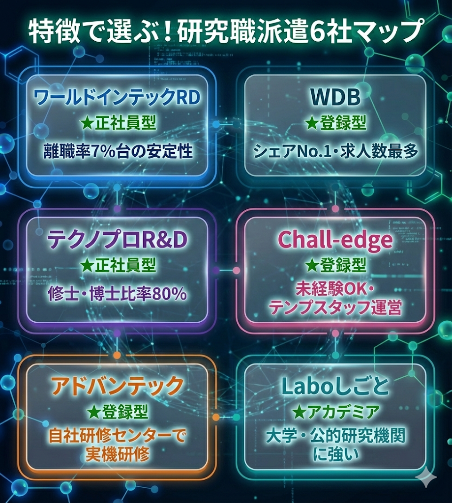研究職派遣会社6社の特徴まとめ。ワールドインテックRD、WDB、テクノプロR&Dなどの強みを一覧化。