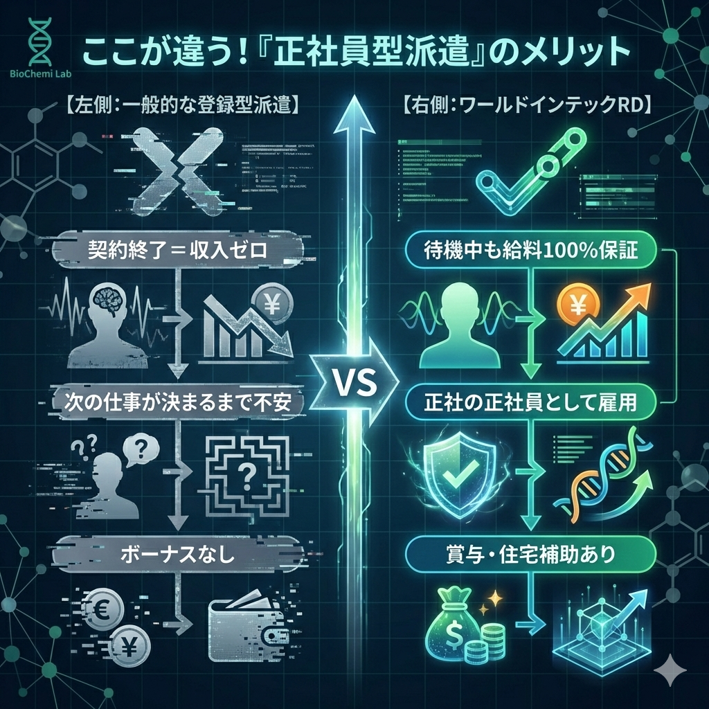 一般的な登録型派遣とワールドインテックRD（正社員型派遣）の比較。契約終了後も給料が保証される安定性を図解。