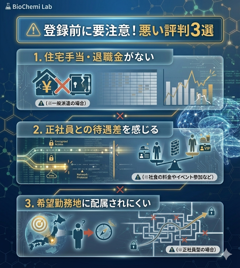 Chall-edgeの悪い評判3選。住宅手当・退職金がないこと、正社員との待遇差、希望勤務地に配属されにくい点について図解。