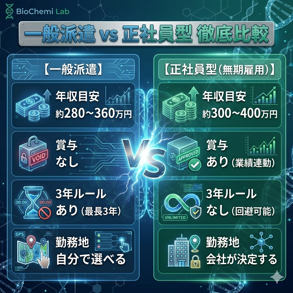 Chall-edgeの一般派遣と正社員型の比較。年収目安、賞与の有無、派遣法の3年ルール、勤務地の自由度の違いを図解。