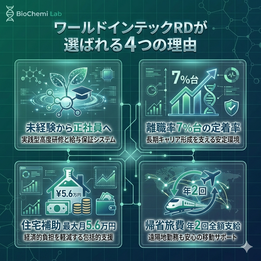 ワールドインテックRDが選ばれる4つの理由。未経験から正社員になれる充実の研修、離職率7%台、最大月5.6万円の住宅補助、年2回の帰省旅費全額支給を図解。