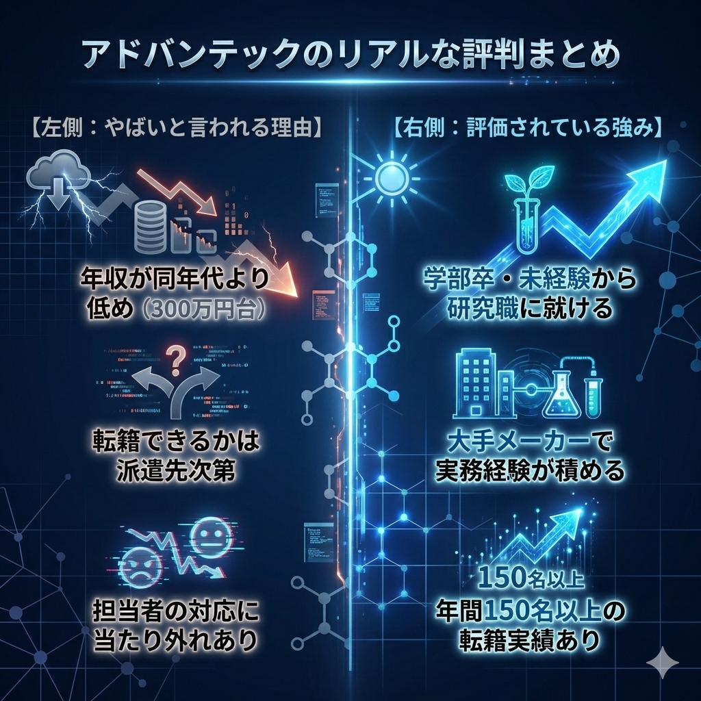 アドバンテックのリアルな評判まとめ。年収の低さや転籍の不確実性などの懸念点と、未経験から大手で経験が積めるといった強みを比較した図解。