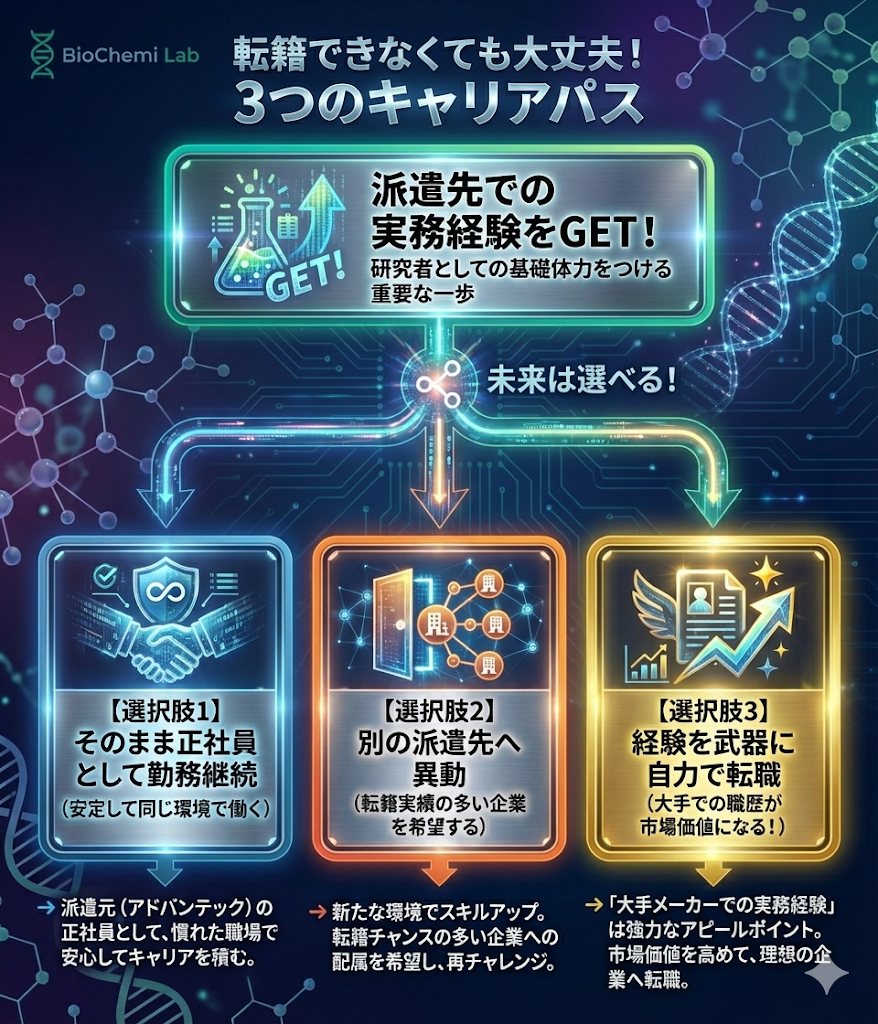 アドバンテックで転籍できなかった場合の3つのキャリアパス。そのまま勤務継続、別の派遣先へ異動、経験を活かして自力で転職の3つの選択肢を図解。