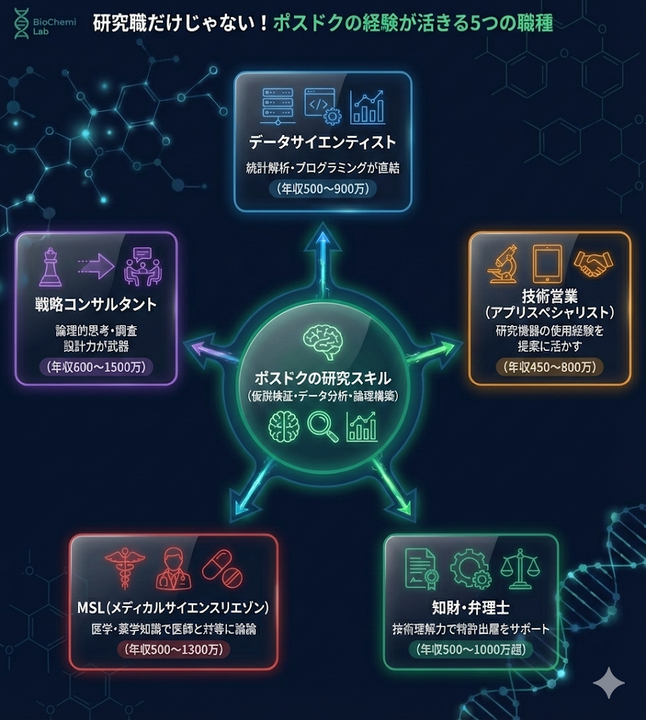ポスドクのスキルが活かせる5つの職種。データサイエンティスト、戦略コンサル、MSL、技術営業、知財職の年収目安と特徴。
