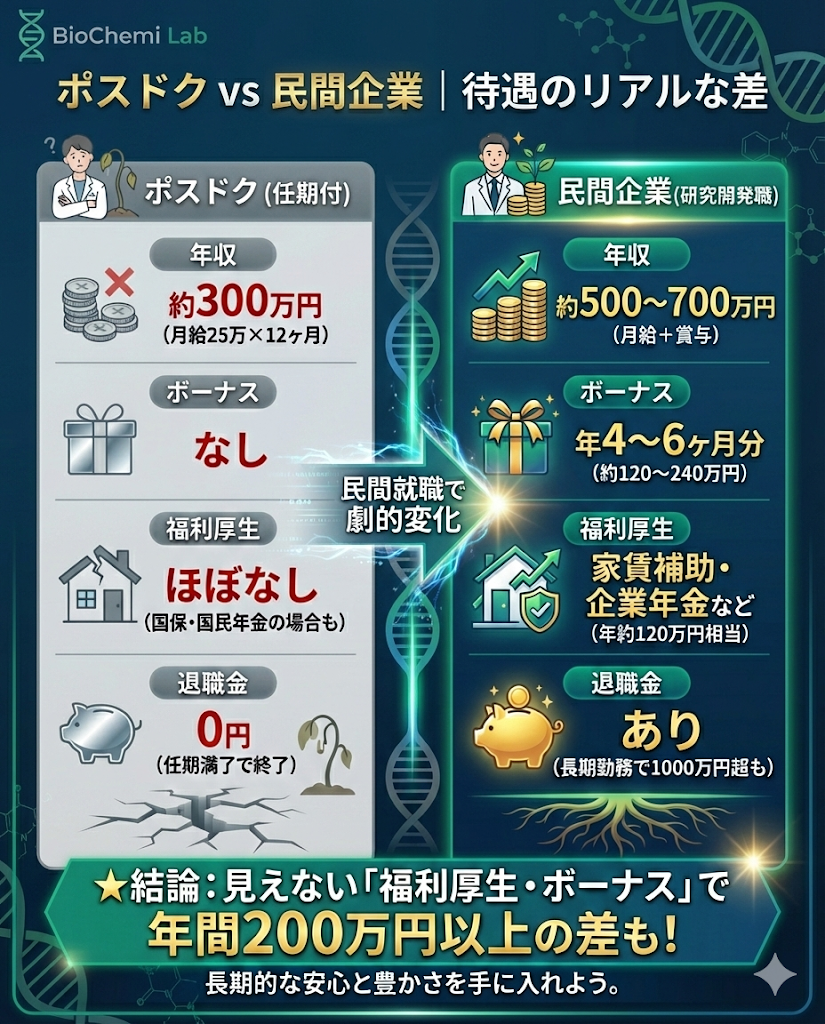 ポスドクと民間企業の待遇比較表。基本給だけでなく、ボーナス、家賃補助などの福利厚生、退職金の有無で大きな経済格差があることを図解。
