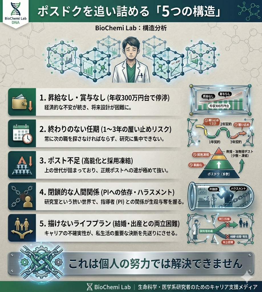 ポスドクが辞めたいと感じる5つの構造的原因。昇給・賞与なし、任期切れの不安、ポスト不足、閉鎖的な人間関係、ライフプランの崩壊を図解。