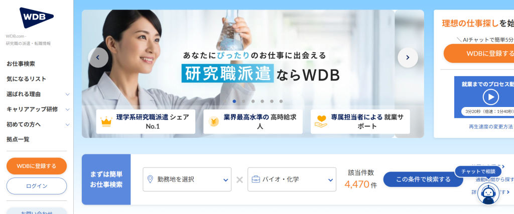 WDB公式サイトの公開求人数（理学系研究職派遣）
