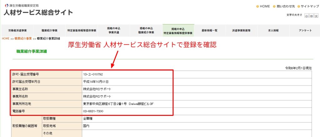 厚生労働省による有料職業紹介事業許可情報（株式会社RDサポート）
