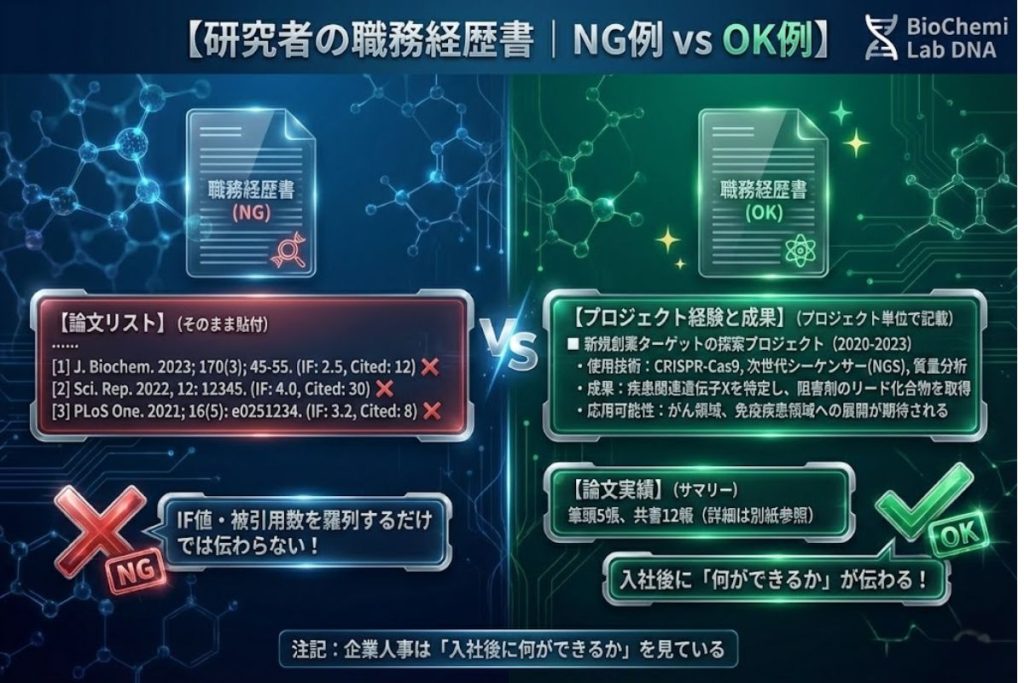 研究者の職務経歴書のNG例とOK例を比較した図解。NG例は論文リストをそのまま貼付。OK例はプロジェクト単位で使用技術・成果・応用可能性を記載し、論文実績はサマリーにとどめる。