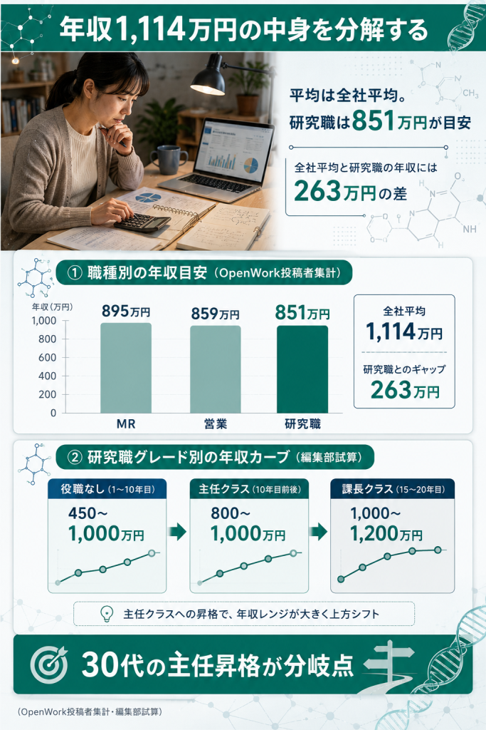 第一三共の全社平均年収1,114万円と研究職851万円の職種別・グレード別年収カーブを可視化した図解