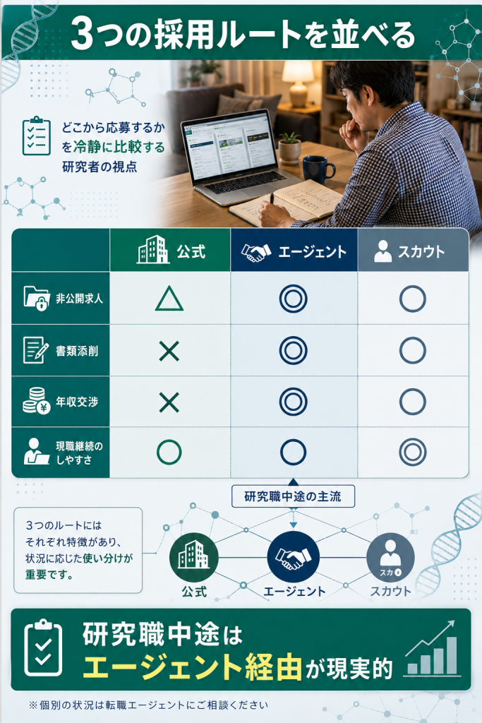 第一三共の研究職中途採用3ルート(公式・エージェント・スカウト)を非公開求人・書類添削・年収交渉の軸で比較した図解