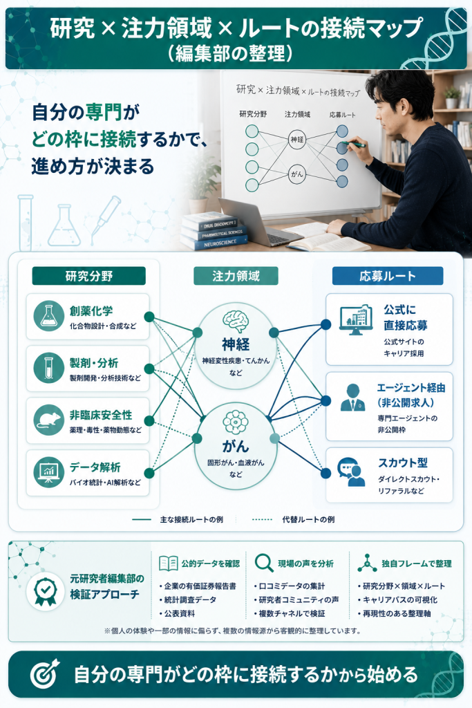 エーザイ研究職の専門と応募ルートの接続マップ図解