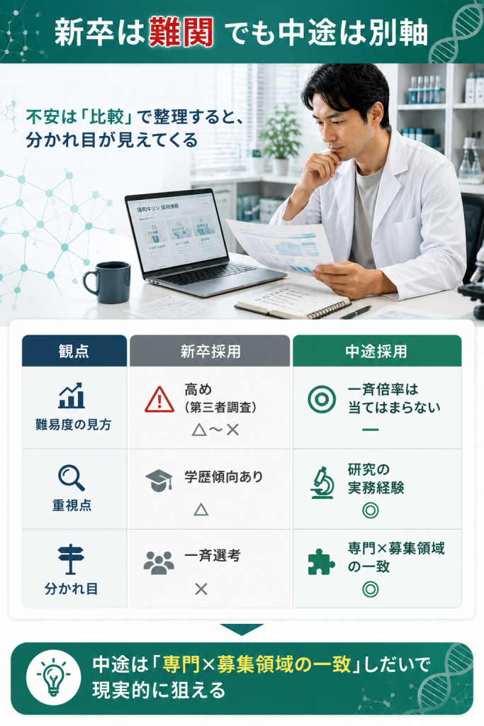 協和キリンへの転職で新卒採用と中途採用の難易度の見方の違いを比較した図解
