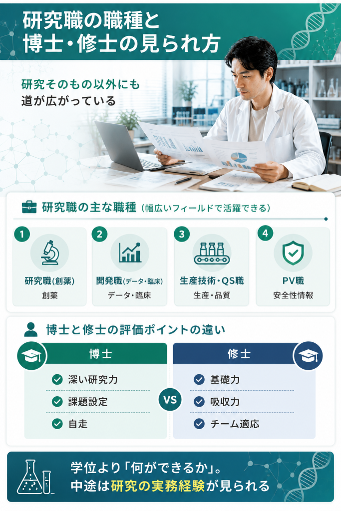 協和キリンの研究職の職種と博士・修士で評価される強みの違いを整理した図解