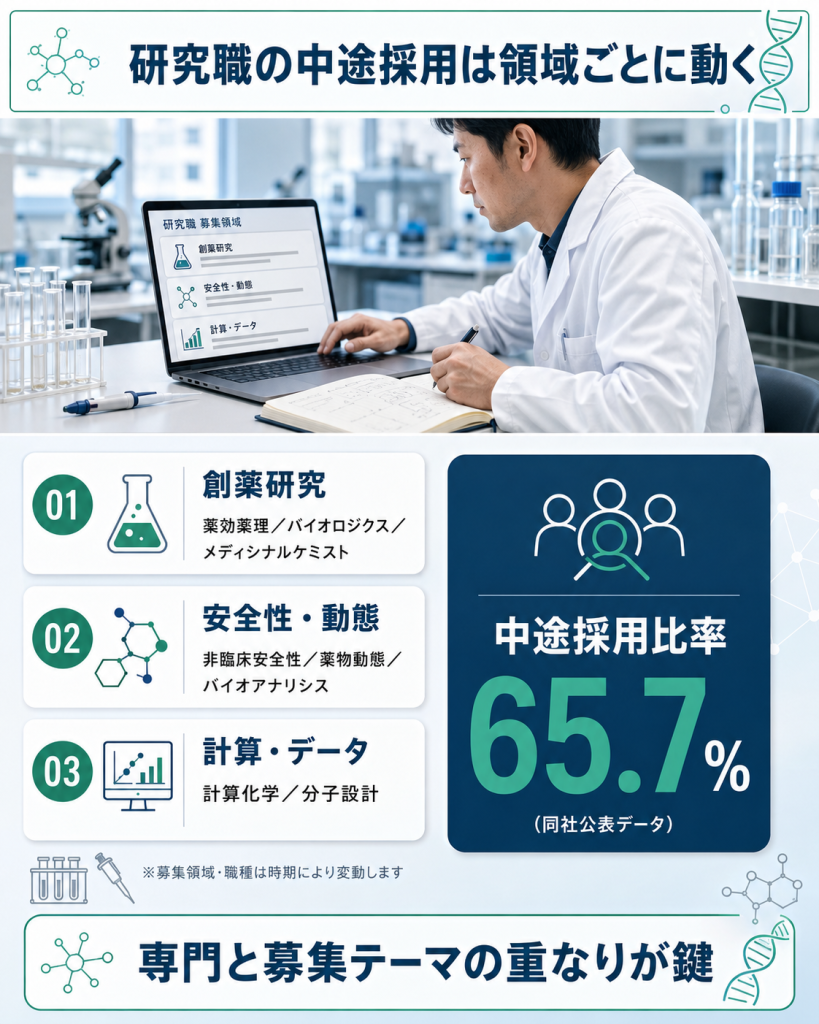 研究職の中途採用で募集される研究領域と中途採用比率を整理した図解