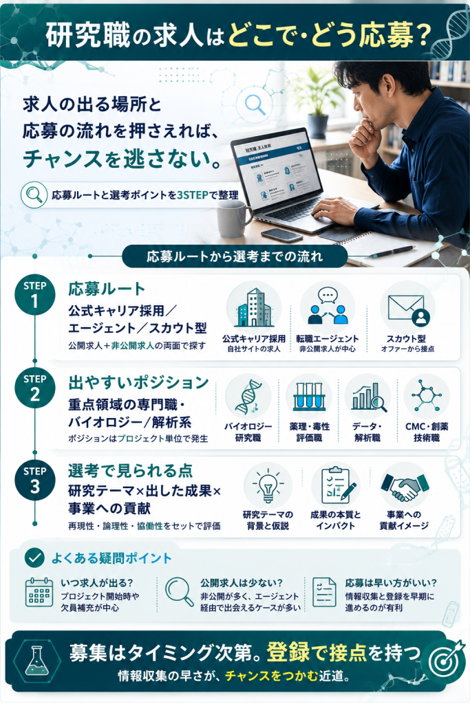 小野薬品の研究職求人の応募ルートと選考で見られるポイントをステップで示した図