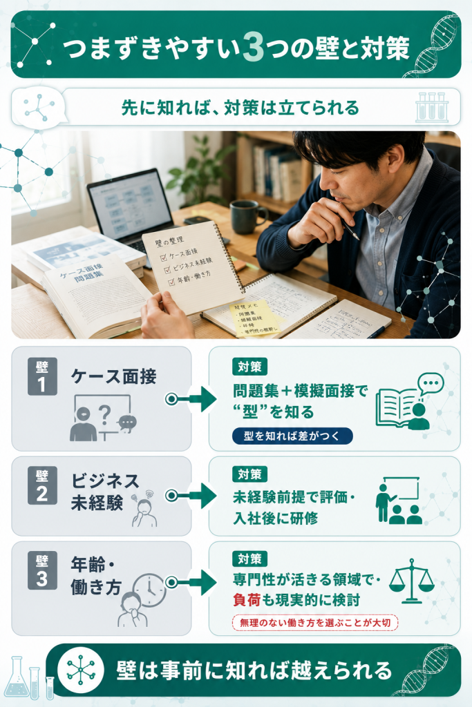 ケース面接・ビジネス未経験・年齢という3つの壁とその対策を整理した図解