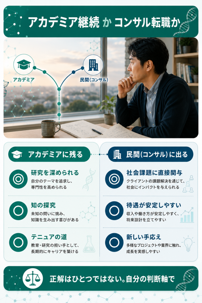 アカデミア継続とコンサル転職それぞれの価値を両論併記で比較した図解