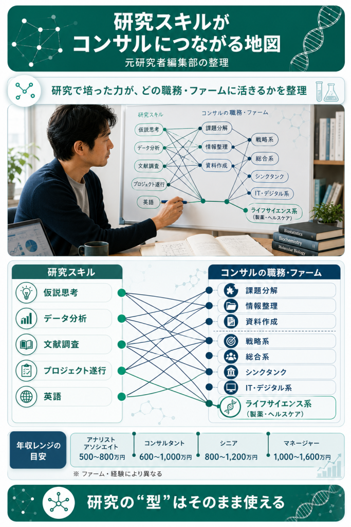 研究分野とスキルがコンサルの職務やファームにつながる遷移を示したネットワーク図