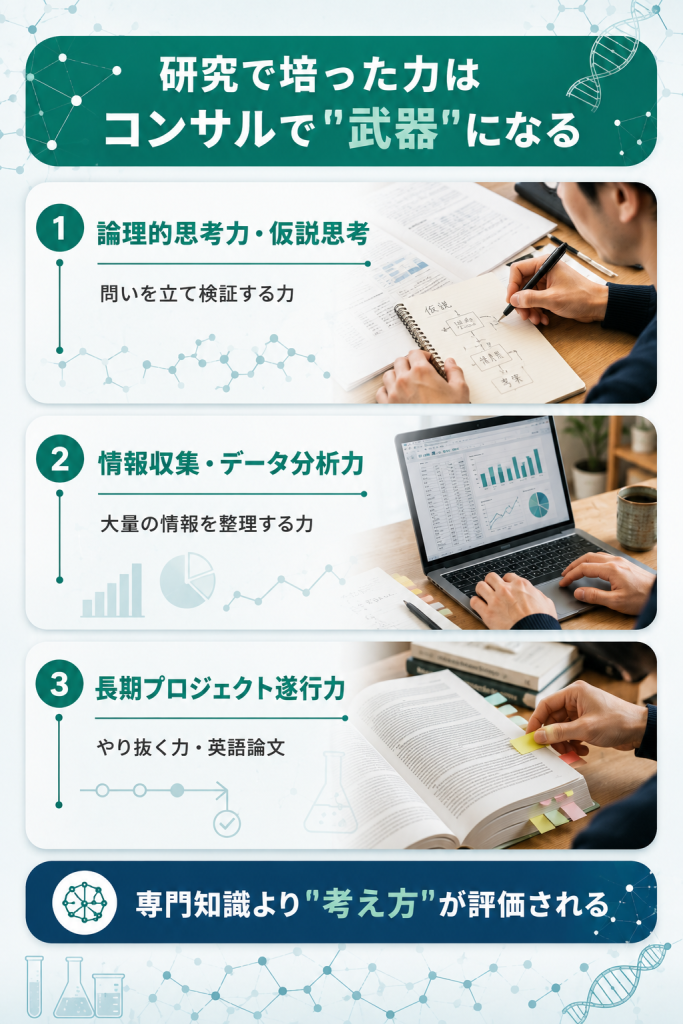 研究で培った論理的思考力・データ分析力・遂行力がコンサルで評価される理由の図解