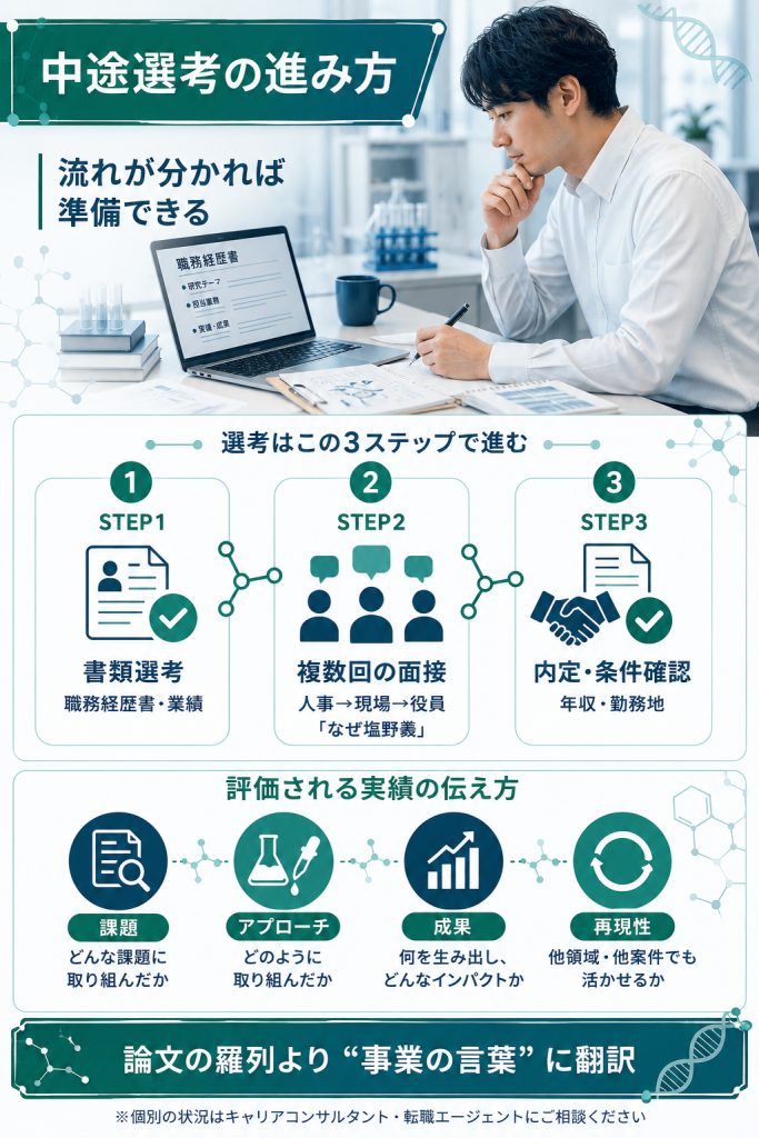 塩野義製薬の中途採用の選考フローと評価される実績の伝え方を示した図解
