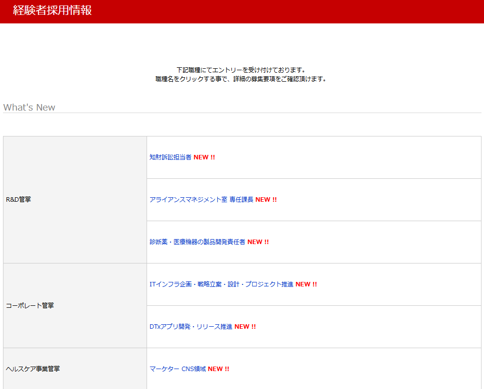 塩野義製薬公式採用サイトの経験者採用(キャリア採用)情報ページ